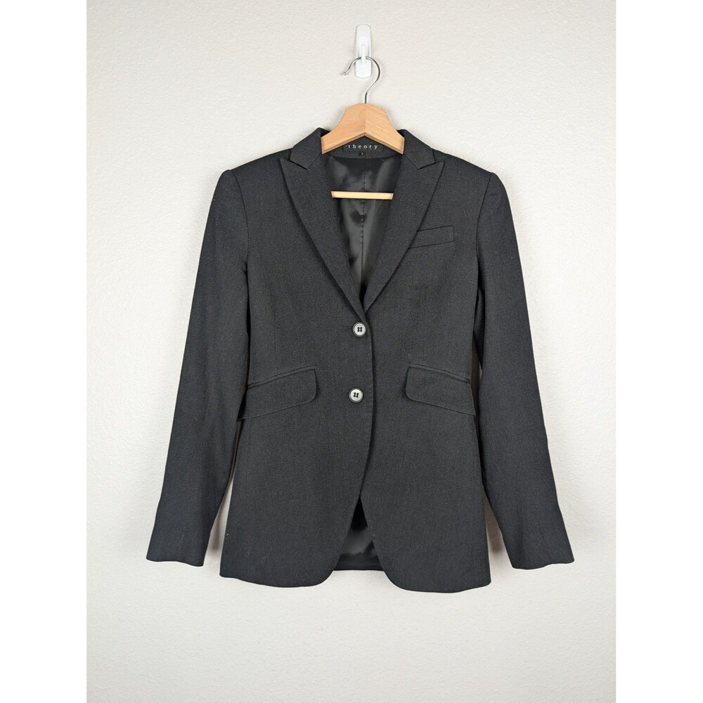 Theory Blazer Womens 0 Black Wool Blend Two Button Tailored Office Jacket USA
